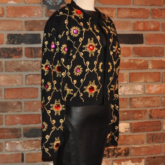 Vtg Magnolia BLACK Wool Angora KNIT CARDIGAN SWEATER Embroidery L Gems - Picture 2 of 10